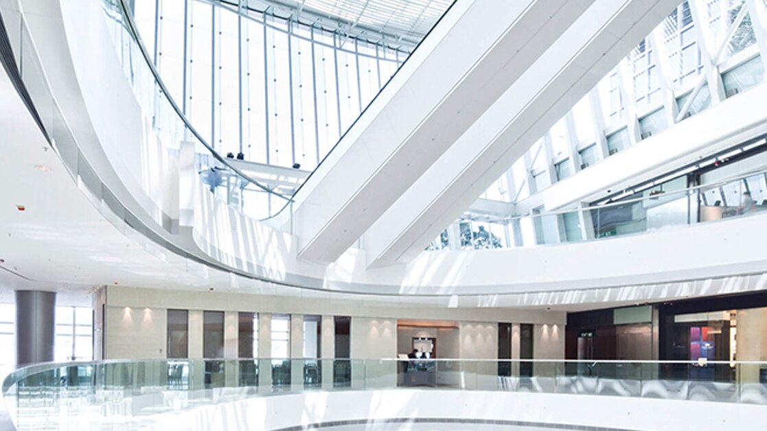 Interior of a modern, three story building