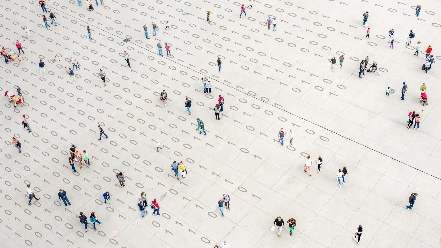 People walking on data and numbers